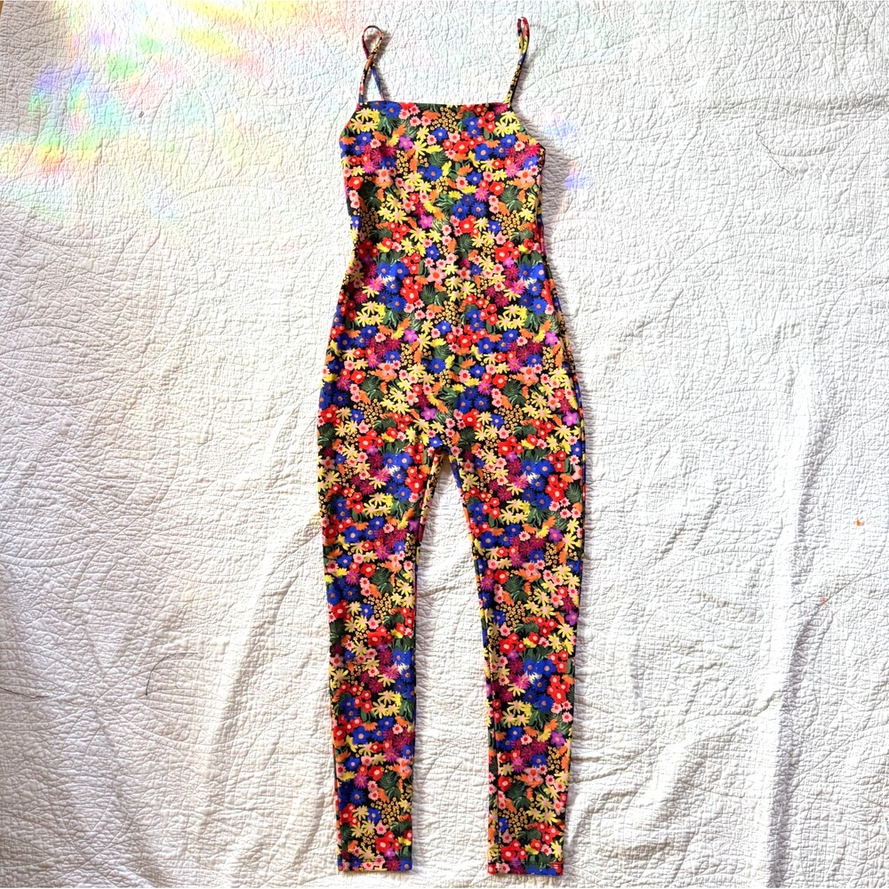Zara Viral Floral Stretch Jumpsuit Sz M Multicolor Spaghetti 70s Catsuit Unitard